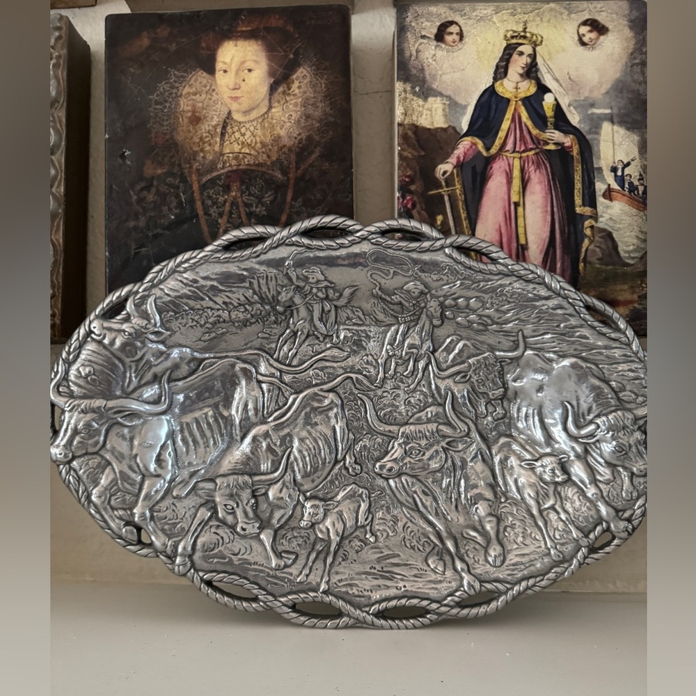 Arthur Court 1993 Western Platter – Longhorns & Cowboys, Rope Trim, Discontinued